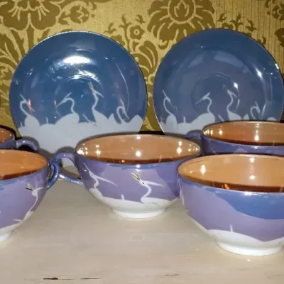 Sale Photo Thumbnail #631: Vintage japanese lusterware heron motif tea set second image