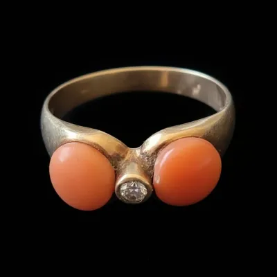 Sale Photo Thumbnail #666: Mid century k gold coral and diamond ring