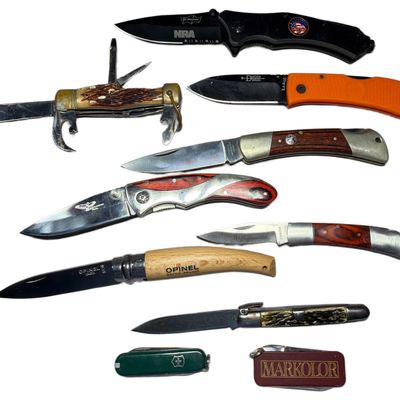 Sale Photo Thumbnail #103: A Collection of Ten Assorted Folding Pocket Knives Including Ka-Bar, Opinel, and Victorinox Examples