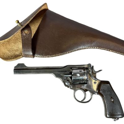 Sale Photo Thumbnail #59: ** British Webley Mark VI .455 Service Revolver and Leather Holster Dated 1916