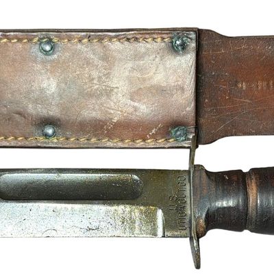 Sale Photo Thumbnail #393: WWII U.S. M3 Trench Knife by Utica Cutlery Co. with Leather Scabbard