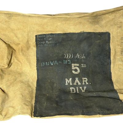 Sale Photo Thumbnail #384: WWII USMC Painted Duffel Bag Identified to David Dale Ash 5th Marine Division Wounded at Iwo Jima
