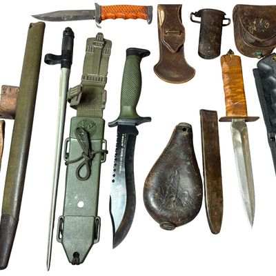 Sale Photo Thumbnail #669: An Assortment of Tactical and Hunting Knives with Bayonet and Leather Field Accessories