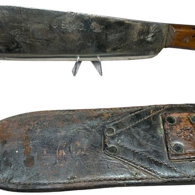 Sale Photo Thumbnail #520: USMC Hospital Corpsman Bolo Knife with US GOVT 43 Stamped Leather Scabbard