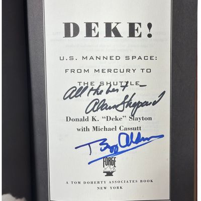 Sale Photo Thumbnail #637: NASA Astronauts Alan Shepard & Buzz Aldrin Autographs in Donald K. Slayton's Autobiography; "Deke! U.S. Manned Space". Forge, 1994. First Edition (Signed) (DJ)