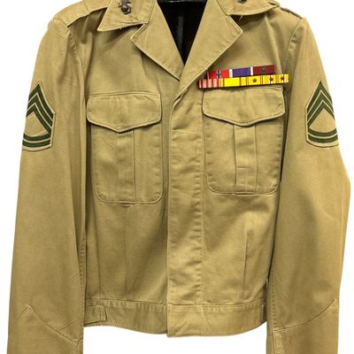 Sale Photo Thumbnail #506: WWII Identified United States Marine Corps M1941 P41 HBT Utility Jacket with Medal Ribbons and EGA Insignia