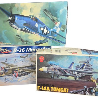 Sale Photo Thumbnail #708: Three Vintage Plastic Aircraft Model Kits Including Hasegawa Hellcat, Revell-Monogram Marauder, and Academy F-14A Tomcat