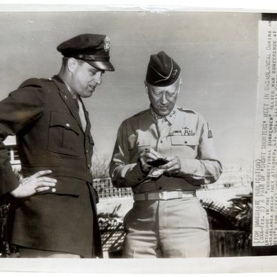 Sale Photo Thumbnail #388: WWII Associated Press Wirephoto Lieutenant Colonel Elliott Roosevelt and Major General George S. Patton Jr. at Casablanca Conference 1943