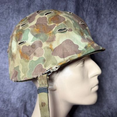 Sale Photo Thumbnail #326: WWII US Marine Corps M1 Steel Helmet with Reversible Frogskin Camouflage Cover