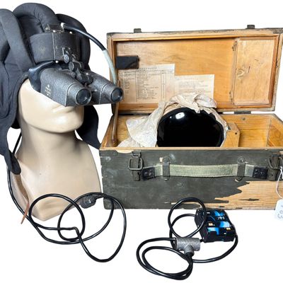Sale Photo Thumbnail #724: Polish Cold War PNW-57 Night Vision Goggles with Tanker Helmet and Infrared Filters in Wooden Case Dated 1966