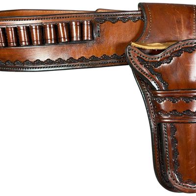Sale Photo Thumbnail #35: Bianchi Frontier Gunleather Hand Tooled Leather Buscadero Belt and Holster Rig for 357 Magnum