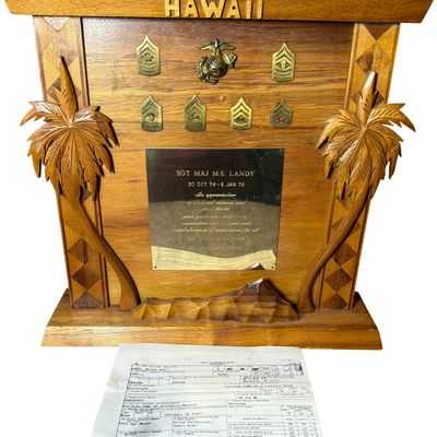 Sale Photo Thumbnail #686: United States Marine Corps Sergeant Major Morton Shea Landy Presentation Plaque and DD Form 214