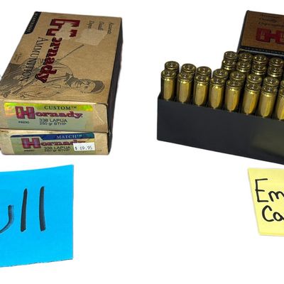 Sale Photo Thumbnail #160: Hornady and Sellier and Bellot Collection of Fifty Cartridges and Fifty Empty Brass Cases .338 Lapua Magnum