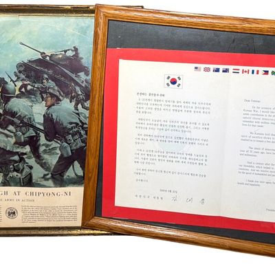 Sale Photo Thumbnail #551: Two Framed Korean War Commemorative Items Including US Army Chipyong-Ni Print and Republic of Korea 50th Anniversary Medal and Certificate