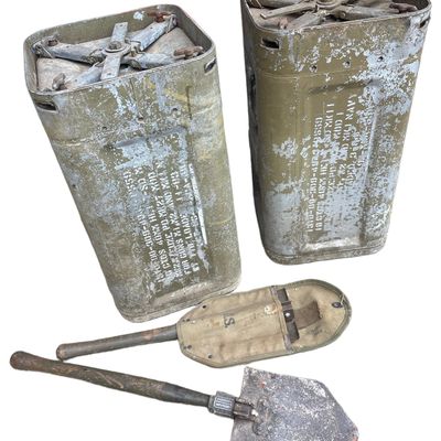 Sale Photo Thumbnail #303: Two 40mm Bofors Ammunition Cans and a Pair of M1943 Entrenching Tools with Canvas Carrier