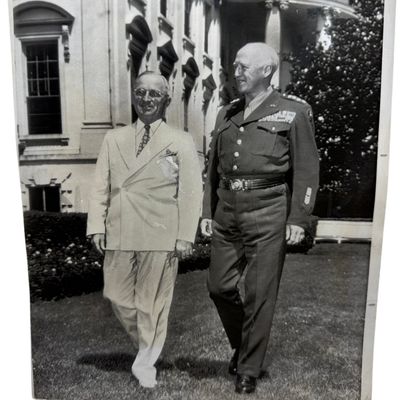 Sale Photo Thumbnail #387: WWII 1945 dated Press Photo of President Harry S. Truman and General George S. Patton Jr.