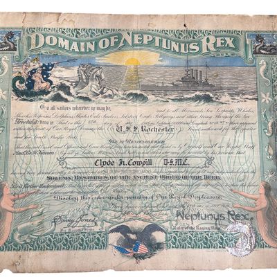 Sale Photo Thumbnail #232: Rare 1925 USS Rochester USMC Domain of Neptunus Rex Certificate Signed by General John J. Pershing en route to Arica, Chile