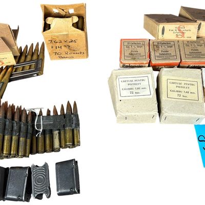 Sale Photo Thumbnail #728: A Collection of 15 Boxes and One Belt of Vintage European and Military Ammunition including 7.92mm Mauser and 7.62mm Tokarev