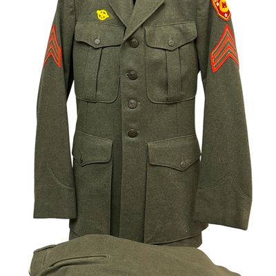 Sale Photo Thumbnail #371: United States Marine Corps WWII Forest Green Wool Service Alpha Uniform Set Dated 1944 FMF PAC Engineer Patched