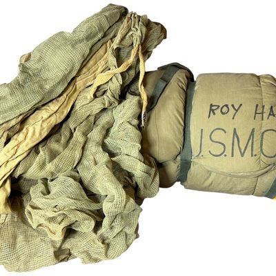 Sale Photo Thumbnail #640: US Marine Corps Field Equipment Lot Including M-1949 Sleeping Bag and Mosquito Netting