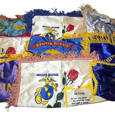 Sale Photo Thumbnail #534: A Collection of Ten Vintage USMC Sweetheart Souvenir Pillow Shams