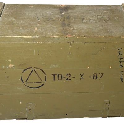 Sale Photo Thumbnail #649: Soviet Era Thompson SMG M1928A1 "Tommy Gun" Wooden Military Transport Crate with Cyrillic Markings