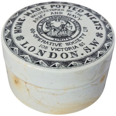 Sale Photo Thumbnail #247: Vintage British - Army and Navy Co-operative Society Potted Meat Ceramic Jar and Lid
