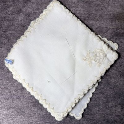 Sale Photo Thumbnail #319: WWII USMC Philippine Islands Made cloth handkerchiefs - napkins (10) with Embroidered EGA and Maker's label Veloso's Manila Philippines