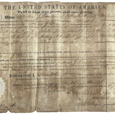 Sale Photo Thumbnail #174: United States Land Grant, Missouri, 1856. President Franklin Pierce Secretarial Signature.