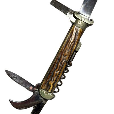 Sale Photo Thumbnail #99: Gebrüder Grafrath Solingen German Multi-Tool Folding Hunting Knife with Stag Scales