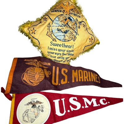 Sale Photo Thumbnail #309: Three U.S. Marine Corps Souvenir Items Including Sweetheart Pillow Cover and Felt Pennants