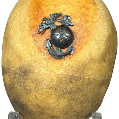 Sale Photo Thumbnail #382: WWII Human Skull Top with Affixed USMC Eagle Globe and Anchor Emblem