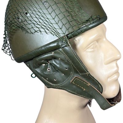 Sale Photo Thumbnail #679: East German NVA M66 Steel Paratrooper Helmet with Camouflage Net and Size 58 Liner