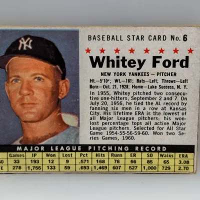 Sale Photo Thumbnail #286: Vintage 1961 Post Cereal Whitey Ford baseball card No. 6, featuring pitching stats and player biographical information.