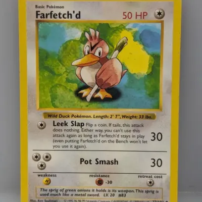 Sale Photo Thumbnail #783: 1999 Pokémon Base Set Farfetch'd card, number 27/102, illustrated by Ken Sugimori.