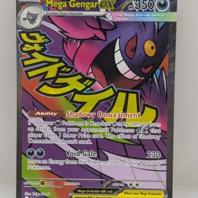 Sale Photo Thumbnail #102: Mega Gengar EX custom or proxy Pokémon trading card, featuring full-art holographic artwork and 350 HP.