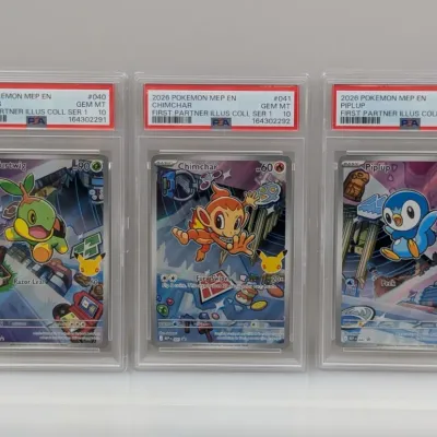 Sale Photo Thumbnail #130: Trio of PSA Gem Mint 10 2021 Pokémon First Partner Illustration Collection cards featuring Turtwig, Chimchar, and Piplup.