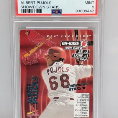Sale Photo Thumbnail #46: PSA-graded 9 Mint 2001 MLB Showdown Albert Pujols Showdown Stars card (#1) in a protective slab.