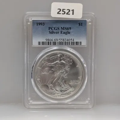 Sale Photo Thumbnail #846: 1993 $1 American Silver Eagle coin, PCGS graded MS69, sealed in a protective slab.