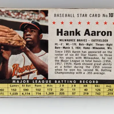 Sale Photo Thumbnail #257: 1961 Post Cereal Hank Aaron baseball card #107, featuring the Milwaukee Braves outfielder with his 1960 major league batting stats.