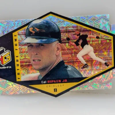 Sale Photo Thumbnail #482: 1999 Upper Deck HoloGrFX Future Fame die-cut holographic trading card featuring Cal Ripken Jr. of the Baltimore Orioles.