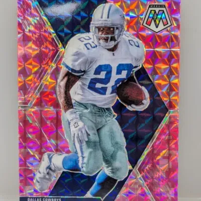 Sale Photo Thumbnail #284: Panini Mosaic Emmitt Smith Dallas Cowboys pink camo mosaic parallel football card in sharp, un-graded condition.