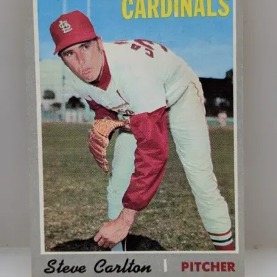 Sale Photo Thumbnail #500: 1970 Topps #70 Steve Carlton baseball card, featuring the pitcher in his St. Louis Cardinals uniform with a grey border design.