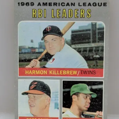 Sale Photo Thumbnail #356: 1970 Topps #197 1969 American League RBI Leaders trading card, featuring Harmon Killebrew, Boog Powell, and Reggie Jackson.
