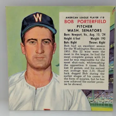 Sale Photo Thumbnail #253: Vintage 1954 Topps baseball card featuring Bob Porterfield, pitcher for the Washington Senators, showing mild corner wear.