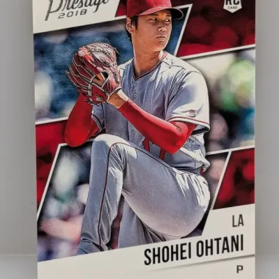 Sale Photo Thumbnail #78: 2018 Panini Prestige Shohei Ohtani rookie baseball card featuring him in his Los Angeles Angels pitching motion.