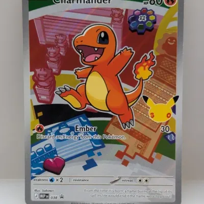 Sale Photo Thumbnail #317: Charmander full-art Pokémon trading card with 30th anniversary Pikachu stamp, set number 038.