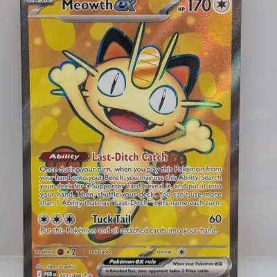 Sale Photo Thumbnail #734: Pokémon TCG Meowth ex full-art secret rare card (#107/088) in near-mint condition.