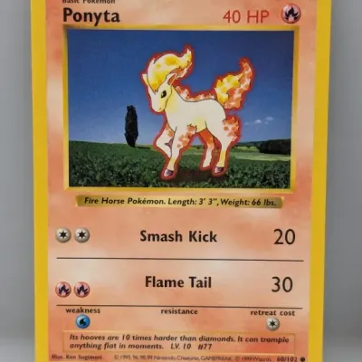Sale Photo Thumbnail #780: 1999 Pokémon Base Set Ponyta trading card, number 60/102, illustrated by Ken Sugimori.
