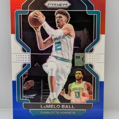 Sale Photo Thumbnail #352: 2021-22 Panini Prizm LaMelo Ball Red White Blue Prizm basketball trading card #278 featuring the Charlotte Hornets player in good condition.